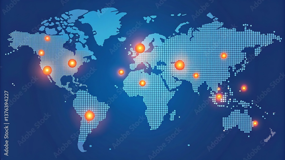 Aufkleber global network connectivity: digital world map with glowing nodes representing international connect