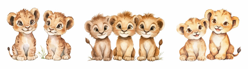 Watercolor cute baby lion cubs. Cartoon cute lion cubs sitting in groups. Children's characters concept. Cute baby lions. Safari animals and arica. Children's illustration. © Narin