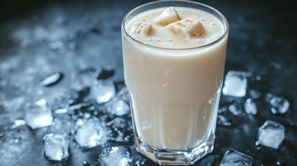 Vanilla Protein Shake in a Glass with Ice Cubes