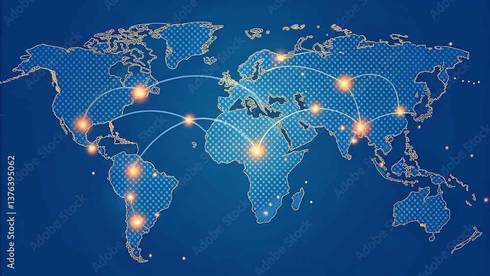 Poster global network map with interconnected locations, representing worldwide connections and global comm