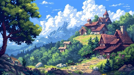 Village pixel art perché, maisons médiévales, paysage montagneux, design rétro pour jeu vidéo ou illustration fantastique