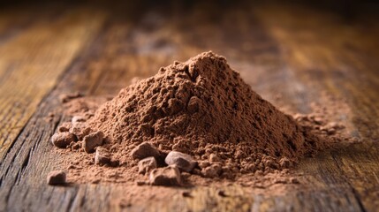 Chocolate Protein Powder Heap on Wooden Surface