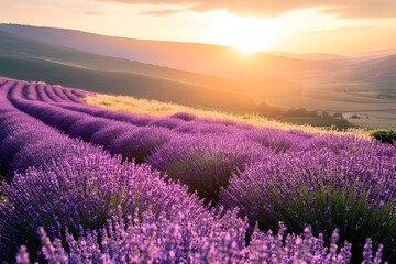 Obraz premium Lavender Field at Sunset with Vibrant Purple Blooms and Hills