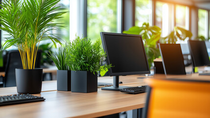 Fototapeta premium Modern office space with monitors on desks, banner with space for text