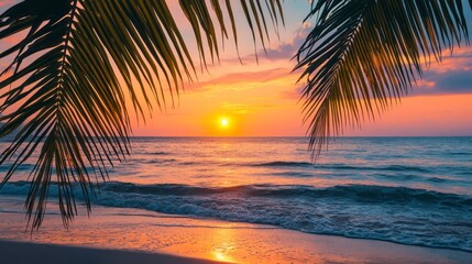 Palm Trees Framing Ocean Sunset Scene with Glowing Light Reflections