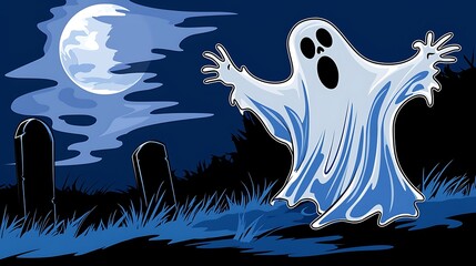 Ghostly apparition rising in cemetery under moonlight, spooky background. Illustration for Halloween