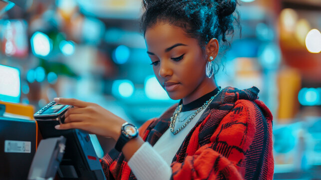 Young woman makes a contactless payment using her smartwatch via NFC technology at a retail store checkout - Powered by Adobe