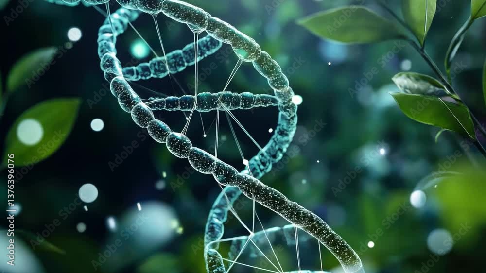 Poster abstract representation of a dna double helix with glowing particles, surrounded by green leaves and