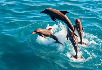 A pod of playful dolphins leaps and dances joyfully across the ocean's surface, their sleek bodies glistening in the sunlight, a captivating display of aquatic grace and energy.