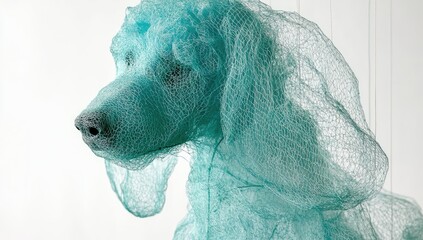 Dog Wrapped in Turquoise Mesh
