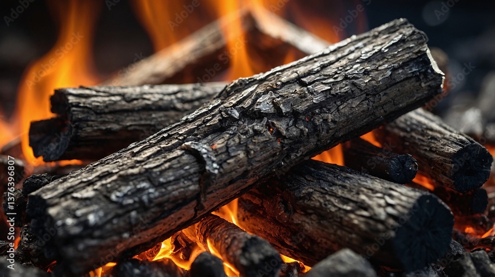 Poster close-up of burning charcoal logs with glowing flames, creating a warm and inviting atmosphere.