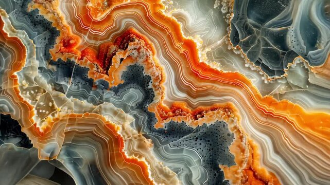 Swirling agate layers with orange and gray patterns stock video. Natural gemstone texture footage. Abstract mineral formations motion clip for background overlay.