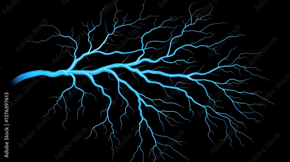 Poster stylized branching form of light blue lightning on pure black background resembling tree branch nerv