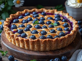 Baking a delicious blueberry tart in a cozy kitchen food photography natural lighting home cooking