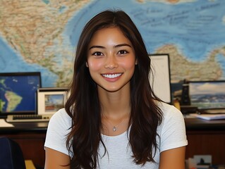 Woman portrait, office setting, world map