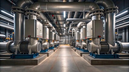 Fototapeta premium Industrial Mechanical Room with Pumps and Pipes in Modern Facility