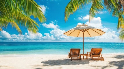 Fototapeta premium Tropical Beach with Lounge Chairs and Umbrella on Sunny Day