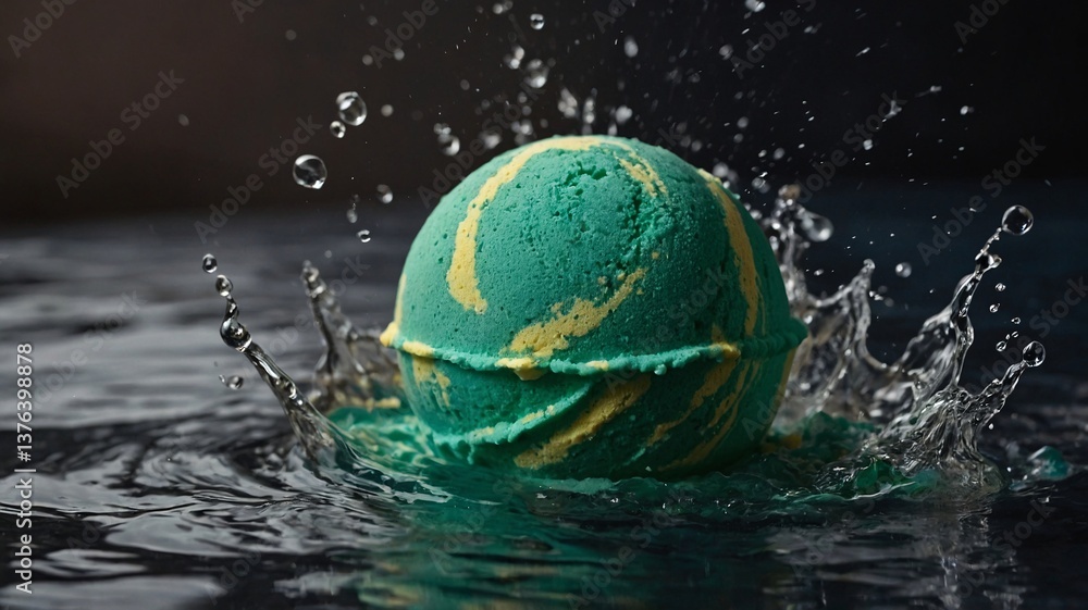 Poster a vibrant teal and yellow ice cream scoop splashes into water, creating a dynamic and refreshing sce