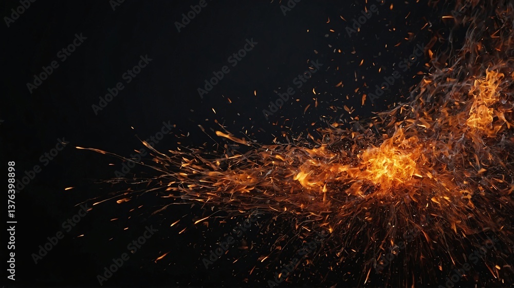 Poster dynamic explosion of fiery sparks against a dark background, creating a vibrant and energetic atmosp