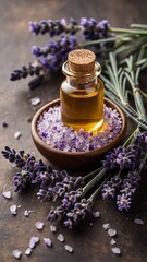 Fototapeta premium Lavender essential oil in a glass bottle on a wooden plate with salt crystals and fresh lavender flowers