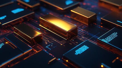 Gold blocks on circuit board, data streams in background. Tech industry, cybersecurity, finance concept