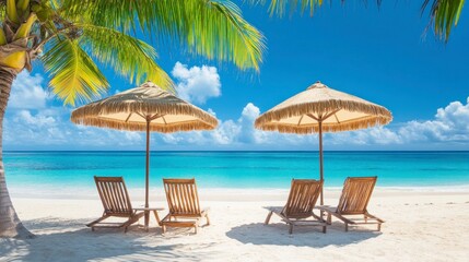 Fototapeta premium Relaxing Beach Chairs and Umbrellas on Idyllic Tropical Island