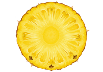 A close-up of a sliced pineapple with a yellow color and visible details on a png transparent background