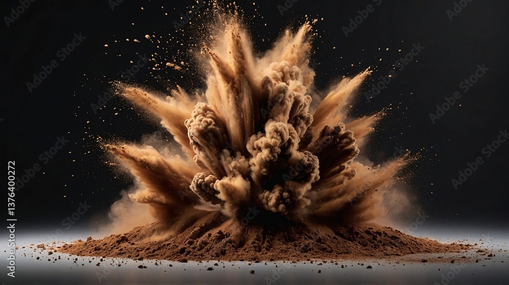 Poster a powerful explosion of dust and debris, creating a dramatic visual effect against a dark backdrop.