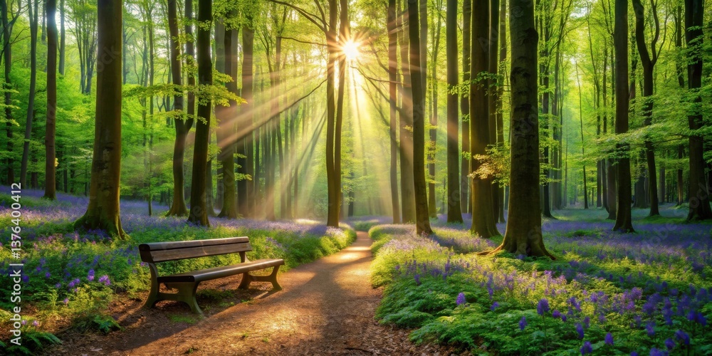 Aufkleber serene forest path at dawn sunbeams illuminate a tranquil woodland scene with a park bench and bloom