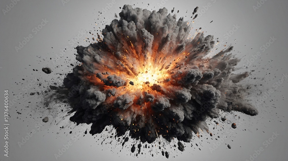 Poster a powerful explosion with fiery sparks and billowing smoke, creating a dramatic scene of chaos and e