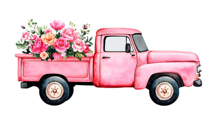 Pink vintage truck with bright flowers, transparent background