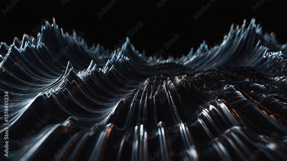 Poster a captivating abstract representation of sound waves in a dark setting, showcasing intricate, shimme