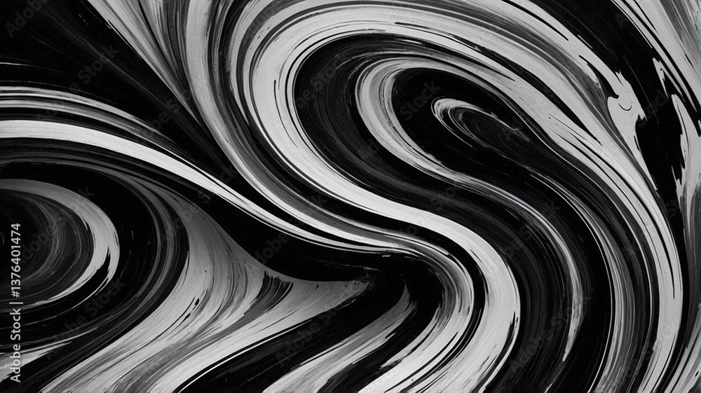 Poster abstract black and white swirling patterns create a striking visual effect, evoking movement and flu
