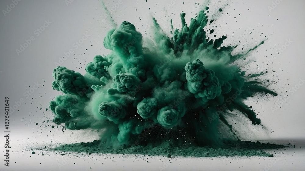 Poster a dynamic explosion of green powder creates a captivating visual effect against a neutral background