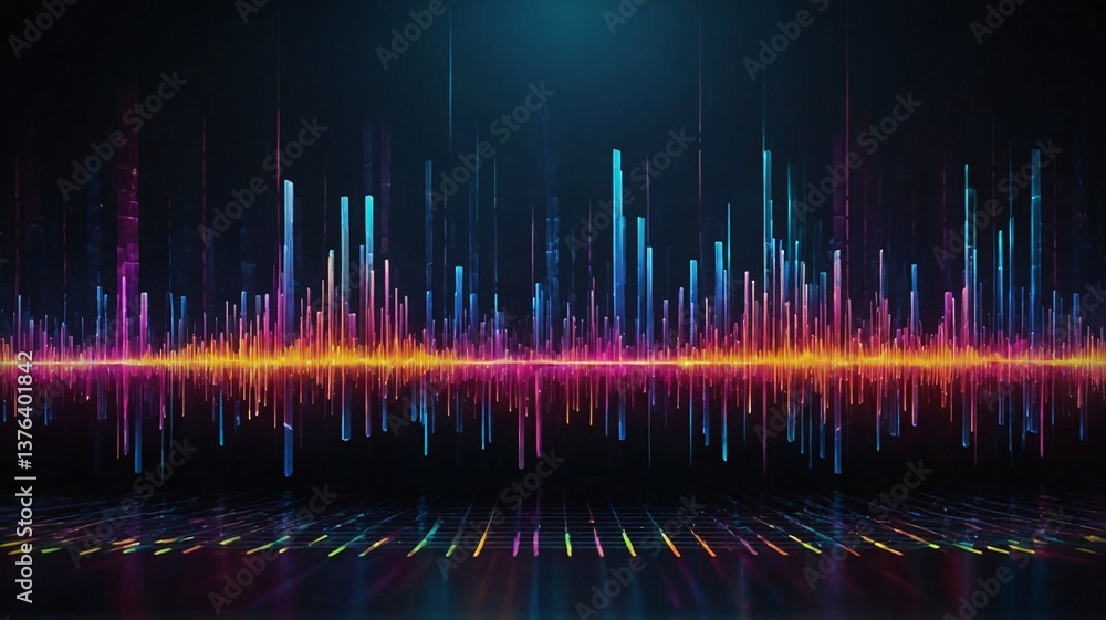 Poster a vibrant digital soundwave visualization with multicolored bars representing audio frequencies agai
