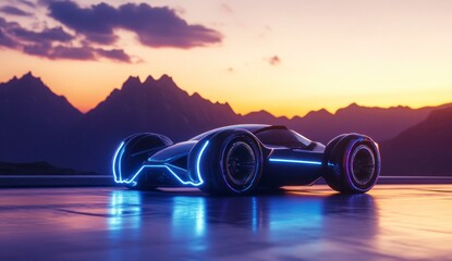 Futuristic Vehicle Glowing with Neon Lights at Sunset Mountain Landscape