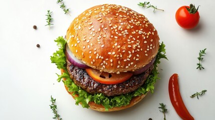 Gourmet hamburger with fresh lettuce and juicy tomatoes presented on a clean white background for food photography