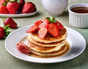 American pancakes with fresh strawberries and maple syrup on a white plate on tableGenerated image