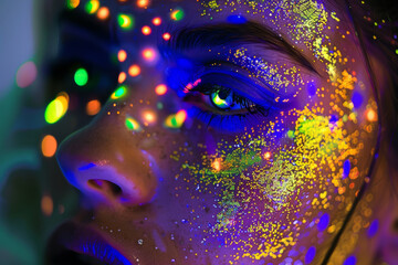 A woman face glows under ultraviolet light, her skin adorned with shimmering neon makeup