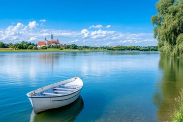 Fototapeta premium A boat cruising along the Vistula River, with a breathtaking view of Wawel Cathedral in the background