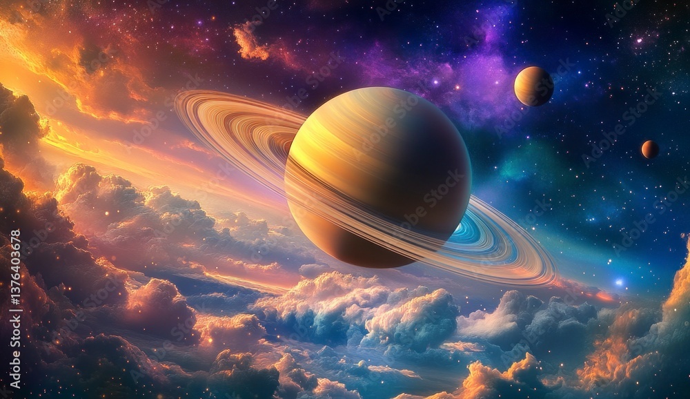 Poster saturn floating above clouds with rings and distant moons