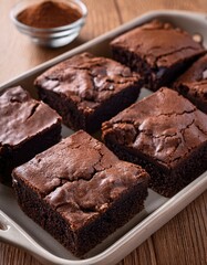 Chocolate brownies on a ceramic tray on wooden table. Generated image