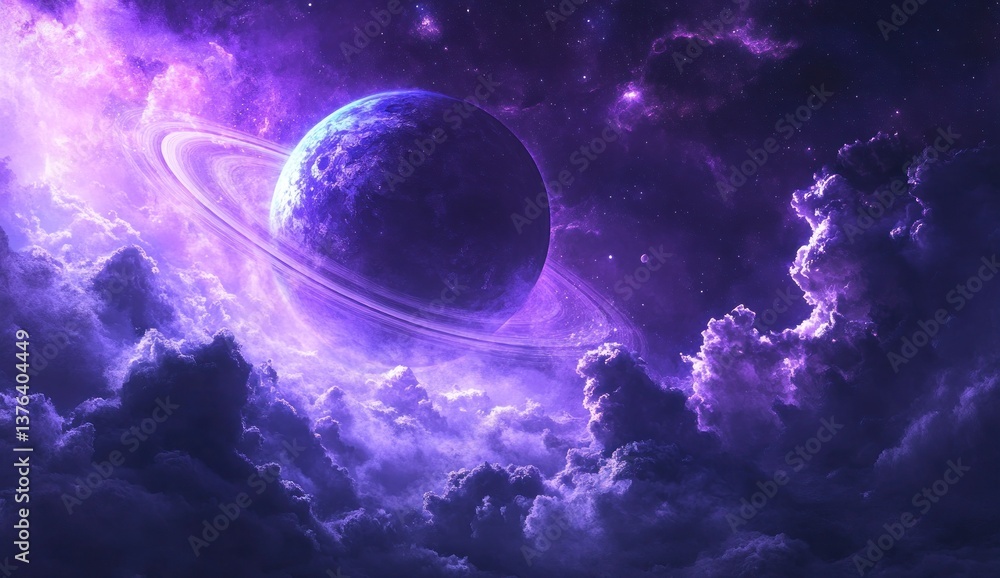 Poster ringed planet emerging from nebula clouds space fantasy background concept