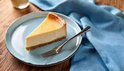 New york cheesecake on pale blue napkin on wooden table.Generated image