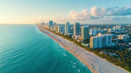 Naklejka premium Aerial View of Miami Beach Coastline with Turquoise Water and City Skyline
