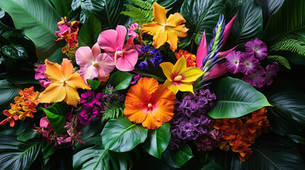 Lush Tropical Flowers Arrangement. A vibrant display of tropical flowers and lush greenery creates a stunning floral arrangement, perfect for nature enthusiasts and design projects.