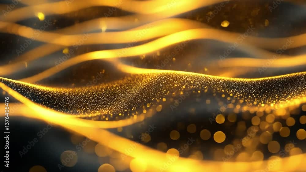 Poster shimmering waves of golden particles flowing over a dark background, capturing the essence of light 