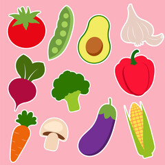 Vegetables stickers collection. Vector vegetables icon stickers set isolated on pink background	