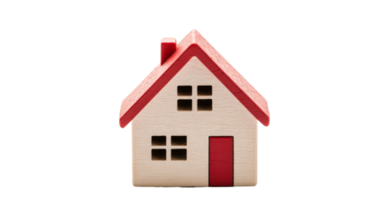 Wooden toy house with red roof and door, transparent bg