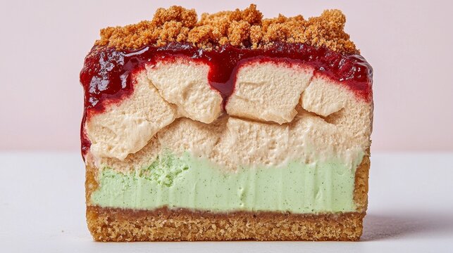 Layered Vanilla Berry Cream Dessert with Green Bottom Layer and Crumb Crust